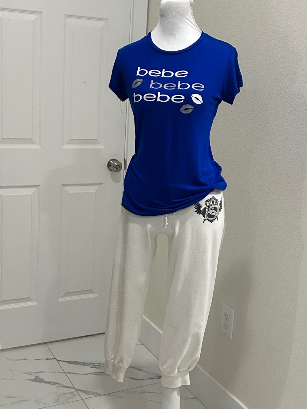 bebe Royal Blue Logo Tee with Metallic Lip Accents and pantsuit